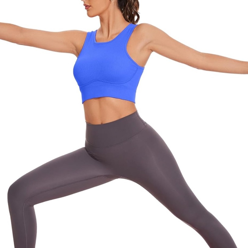 Women's Blue Backless Ribbed Sports Bra - Picture 4 of 9